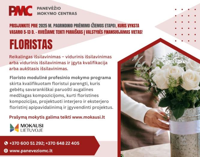 Pasirink mokytis Panevėžio mokymo centre ir įgyk FLORISTO kvalifikaciją!
