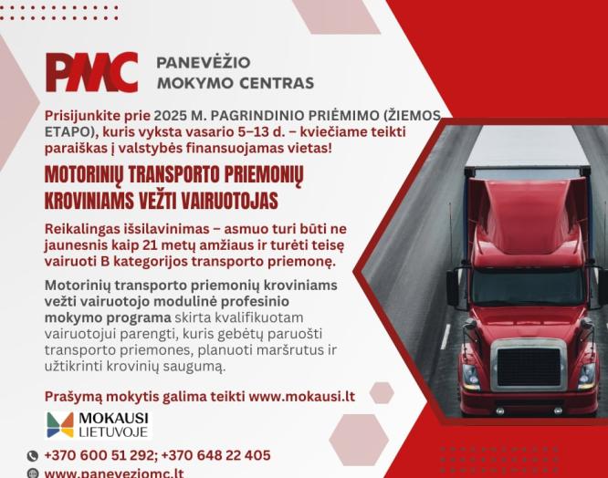 Pasirink mokytis Panevėžio mokymo centre ir įgyk MOTORINIŲ TRANSPORTO PRIEMONIŲ KROVINIAMS VEŽTI VAIRUOTOJO kvalifikaciją! 
